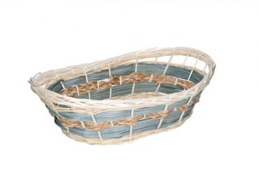 Oval white wicker basket light blue twine 52x35h13/16