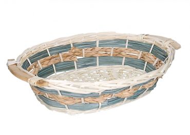 Cesta vimini bianca intreccio azzurro ovale 51x37h13